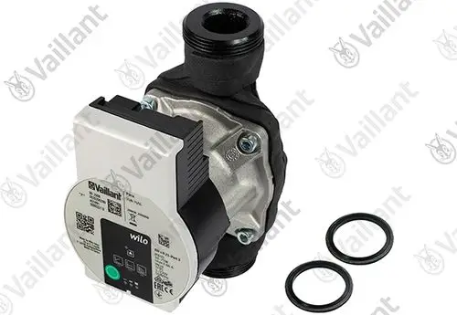 Vaillant Pumpe mit einem kompakten Gehäuse, ausgestattet mit einem elektrischen Antrieb. Zwei O-Ringe sind separat abgebildet.